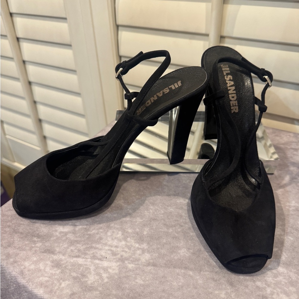 Jil Sander Elegant Open Toe Velvet Black Heels 36.5 - 5.5/6